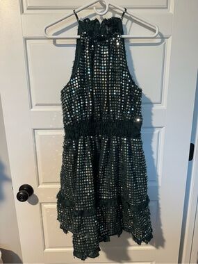 NWT Anthropologie Somerset Flower Sequin Halter Dress, Dark Green, Size Medium